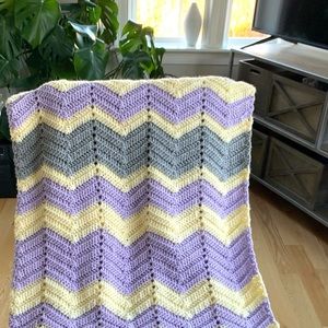 Vintage Afghan. Yellow Gray Lavendar. Hand made.